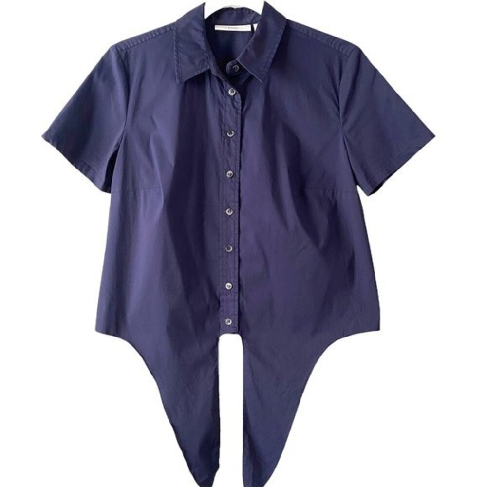 1901 Navy Short Sleeve Button up Collar Front Knot Top S Petite